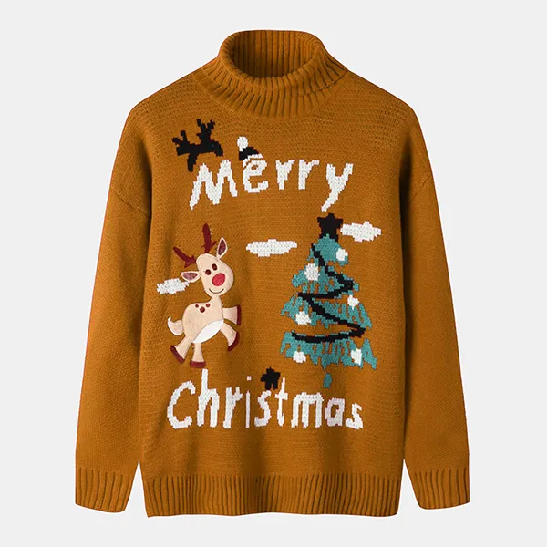 merry christmas reindeer mock neck sweater brown