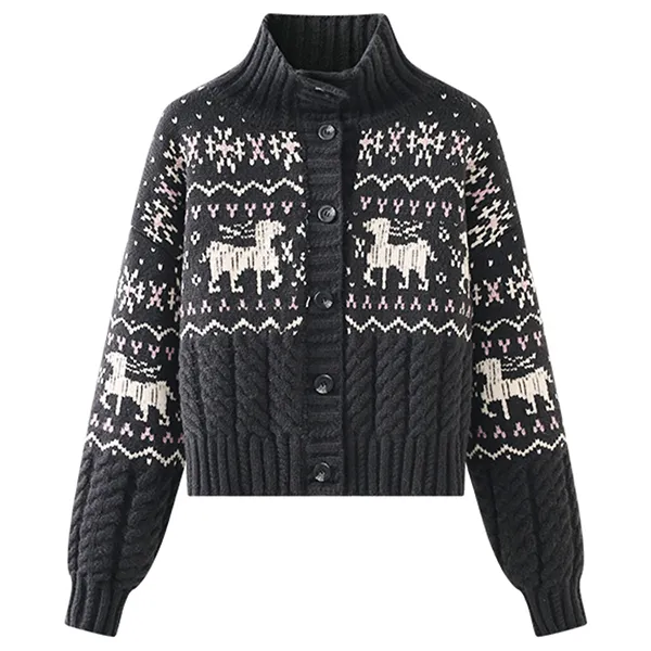nordic reindeer cable knit cardigan black