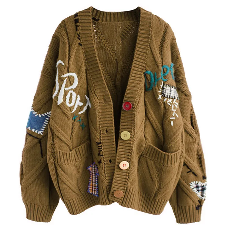 oversized cable knit embroidered cardigan brown