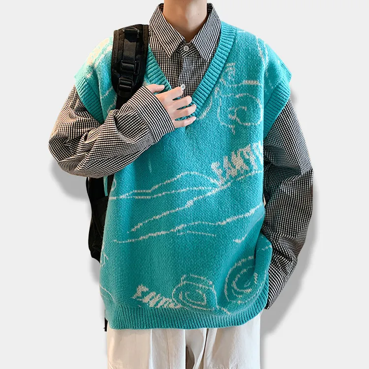 oversized graphic knit vest streetwear cyan