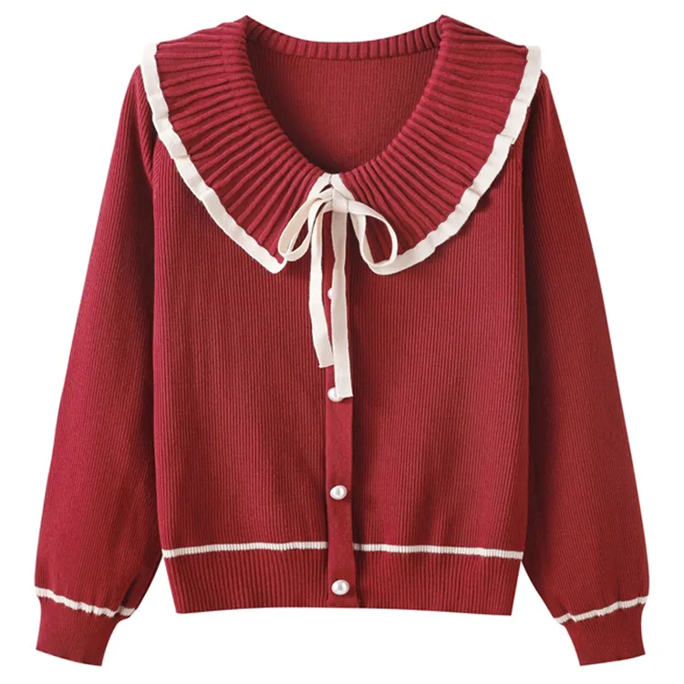pleated peter pan collar cardigan sweater red