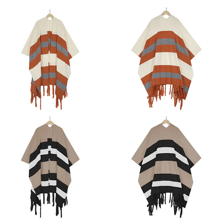 striped knit poncho cardigan fringe flat display