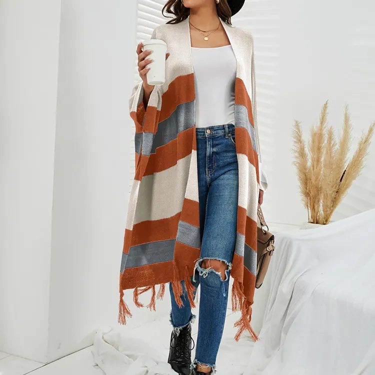 striped knit poncho cardigan fringe orange