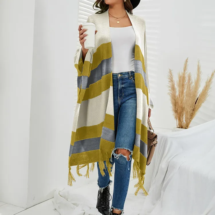 striped knit poncho cardigan fringe green