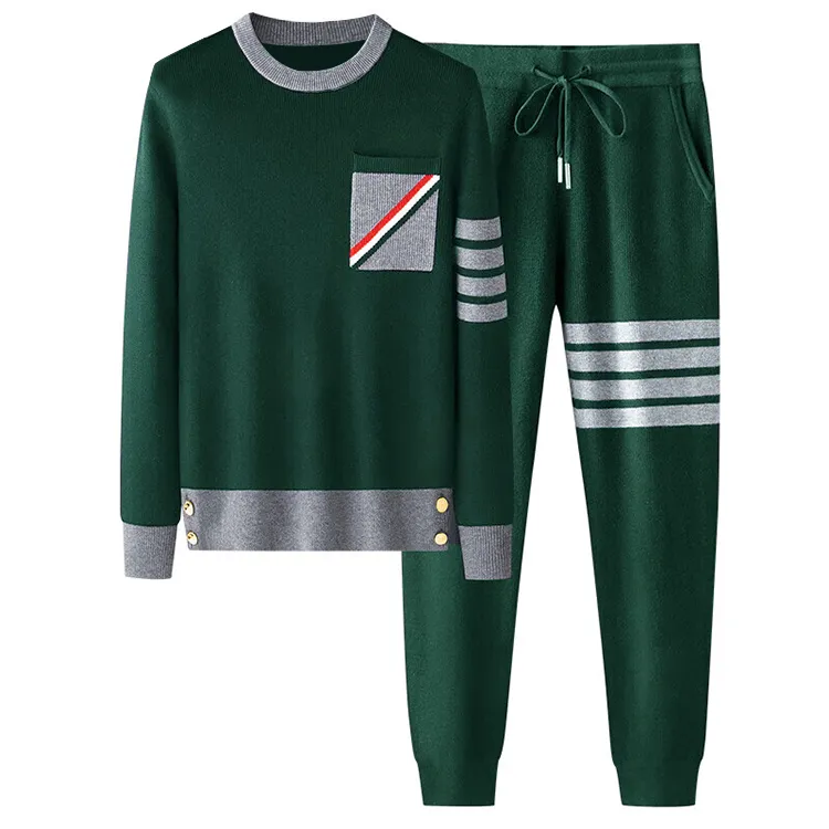 striped knit tracksuit set with chest pocket green