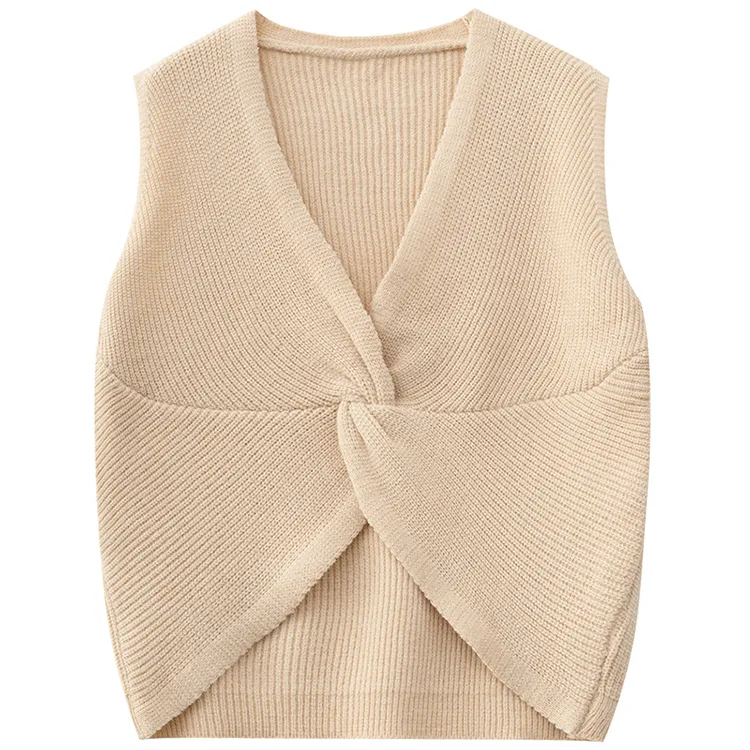 twist front ribbed knit vest beige