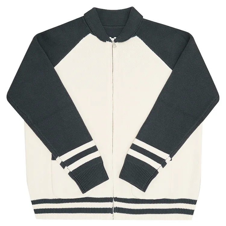 varsity color block zip up knit jacket dark grey