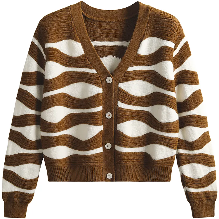 wavy jacquard knit cardigan v neck sweater brown
