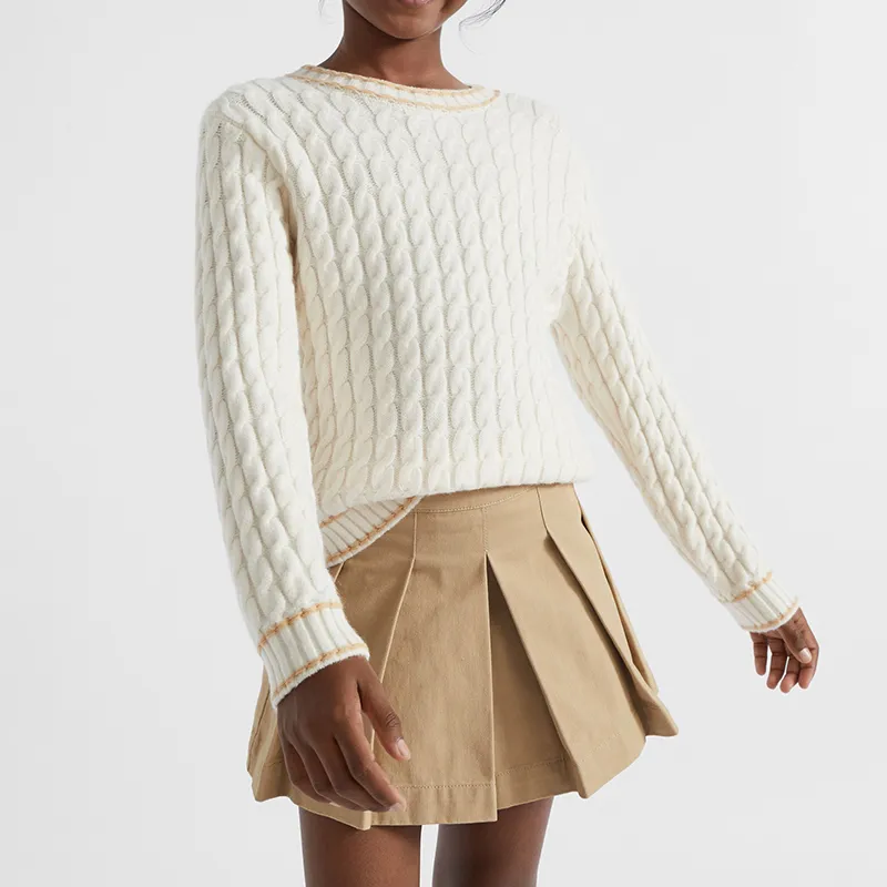 kids cable knit crewneck sweater white