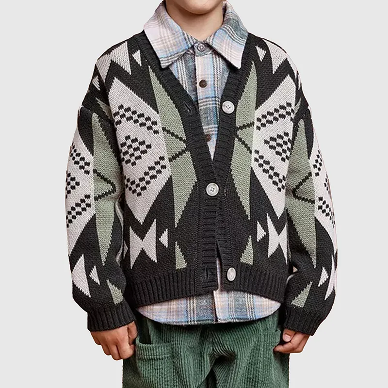kids nordic jacquard v neck cardigan grey