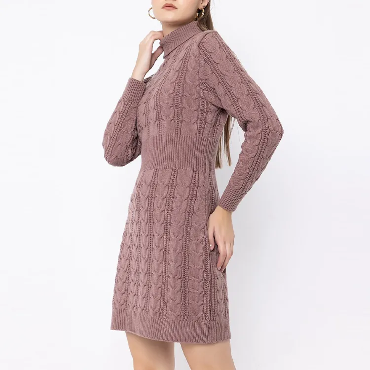 mock neck cable knit sweater dress rose