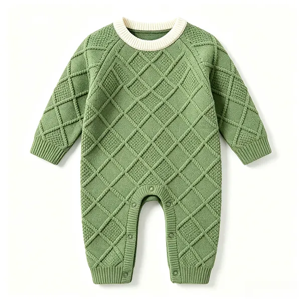 cable knit baby romper raglan sleeve snap closure green