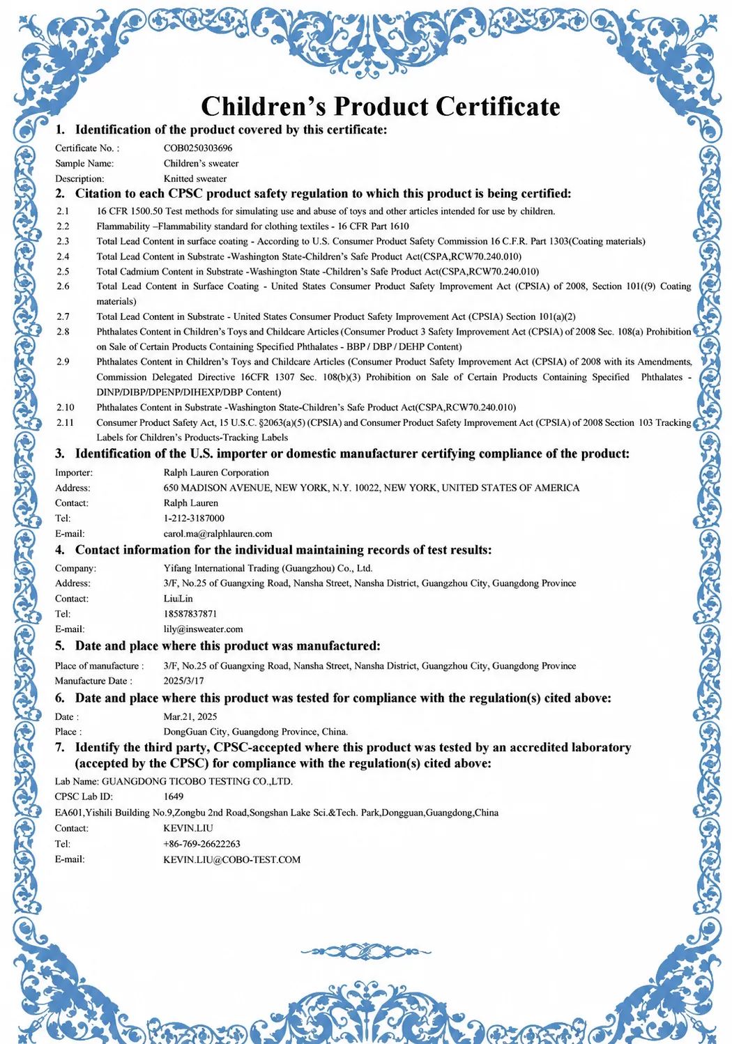 Children’s Product Certificate (CPC) for Knitted Sweaters