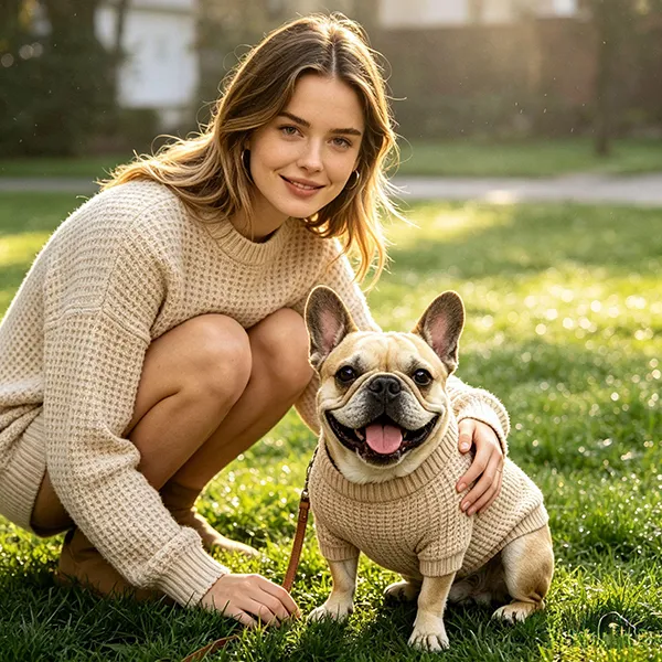 relaxed oversized waffle knit sweater and dog pullover on grass