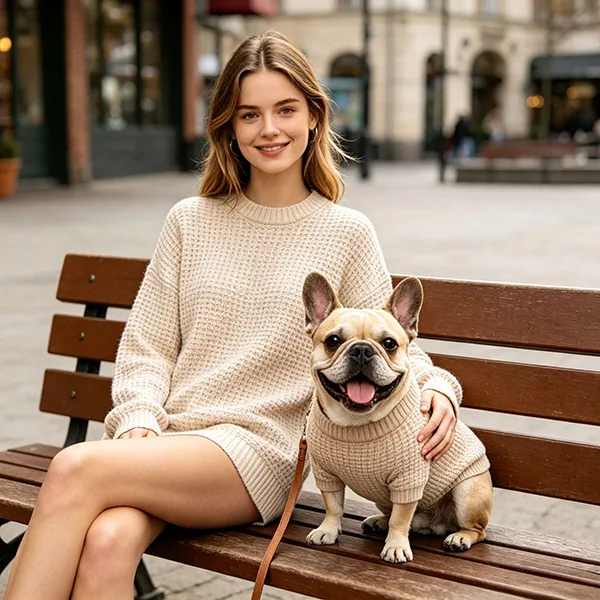 waffle knit tunic and matching dog sweater set on park bench