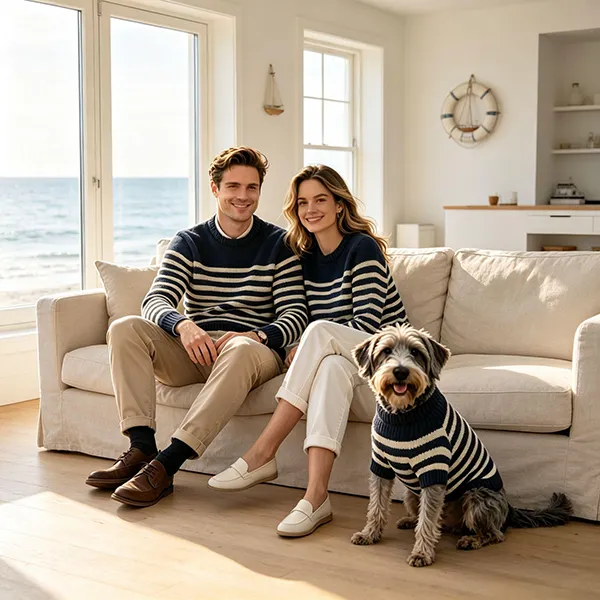 matching dog and owner breton stripe knitwear living room