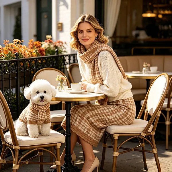 matching dog and owner houndstooth sweater set cafe terrace