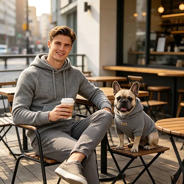 matching pet and owner hoodie set outdoor cafe