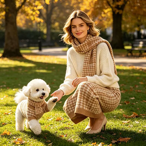 matching pet and owner houndstooth knitwear park lawn