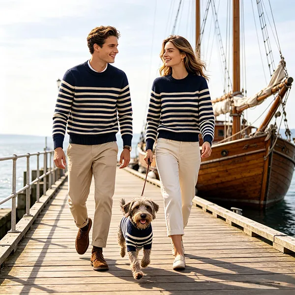 matching pet and owner nautical striped sweater pier walk