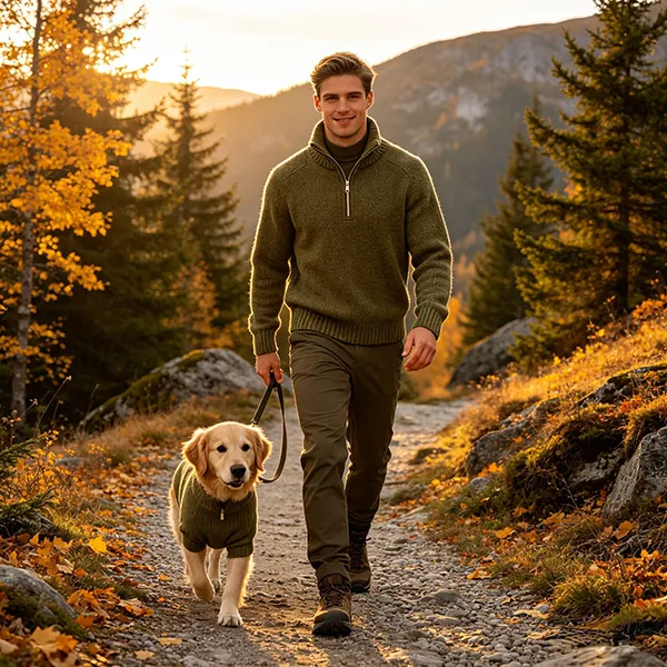 matching pet and owner outdoor sweater autumn forest walk