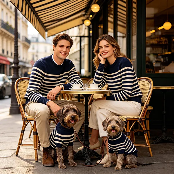 matching pet owner crewneck sweater set outdoor cafe