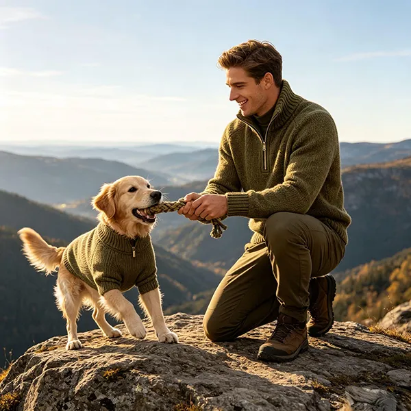 matching pet owner quarter zip jumper playing with dog