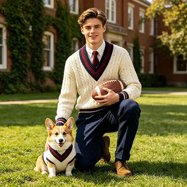 cable knit v neck tipped pullover dog sweater football