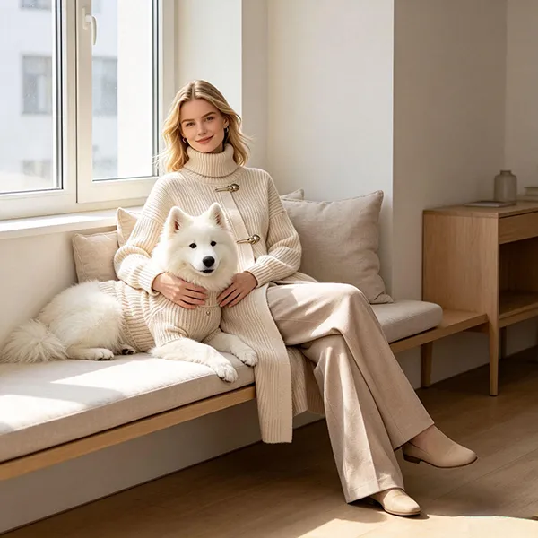 long ribbed knit cardigan and dog sweater window bench