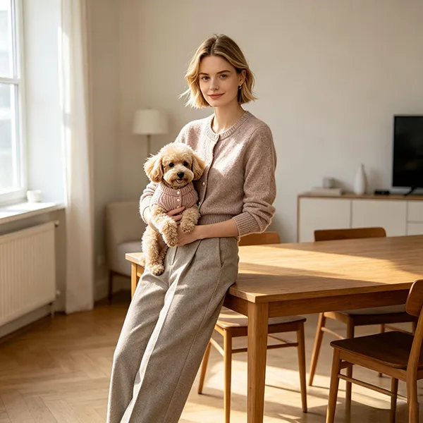 matching crewneck cardigan and dog vest indoor dining room
