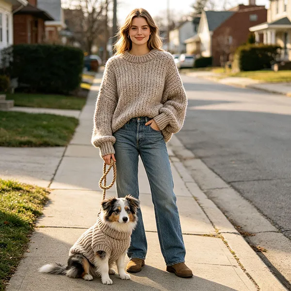 matching dog and owner knitwear set residential street