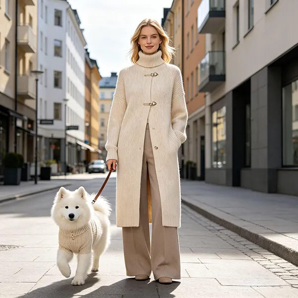 long ribbed turtleneck knit coat toggle dog sweater set