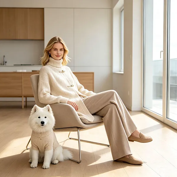 matching dog and owner turtleneck knit coat indoor armchair