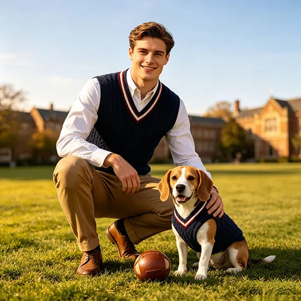 matching dog and owner v neck sweater vest lawn