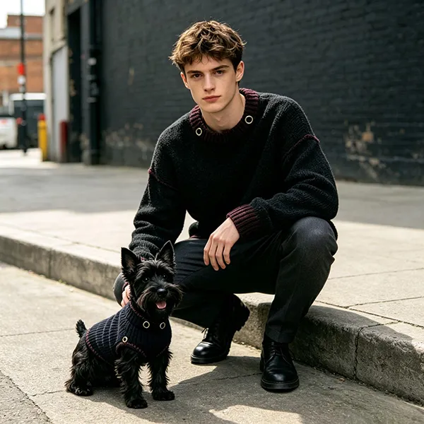 matching industrial knit pullover set with dog crouching