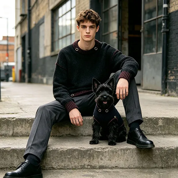 metal eyelet trim crewneck and dog sweater on steps