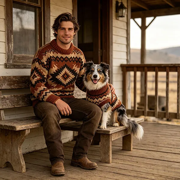fair isle jacquard pullover and matching dog sweater on porch bench