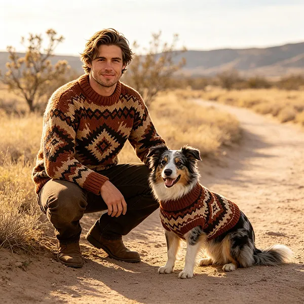 matching rustic wool blend sweater set with dog on desert path