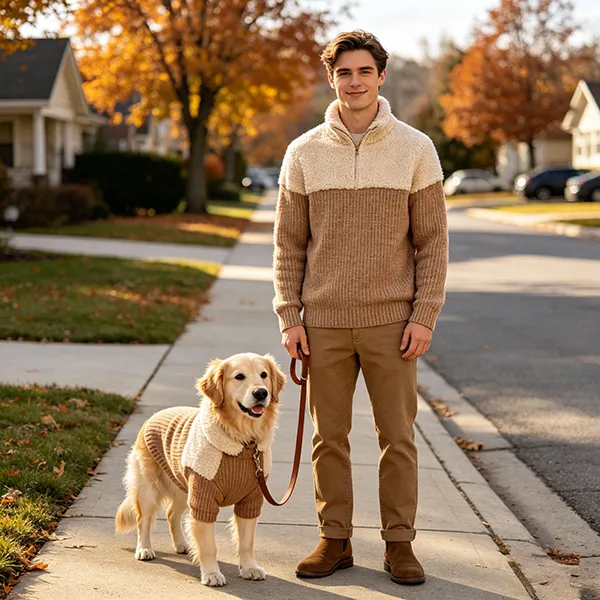 matching sherpa fleece knit sweater and dog apparel on autumn street