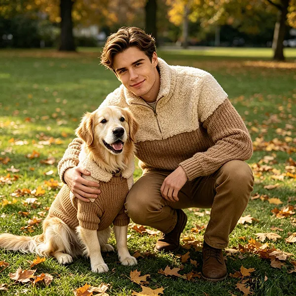 matching sherpa fleece pullover with dog crouching in autumn park
