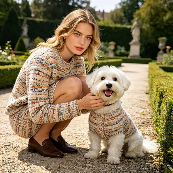 matching tweed cardigan set with dog squatting in garden