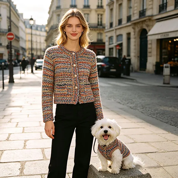 matching tweed knit cardigan and dog vest on street