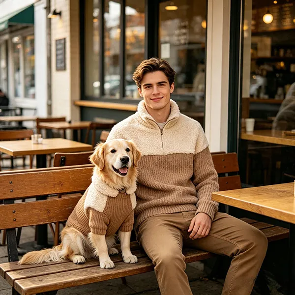 quarter zip sherpa fleece and ribbed knit matching dog set